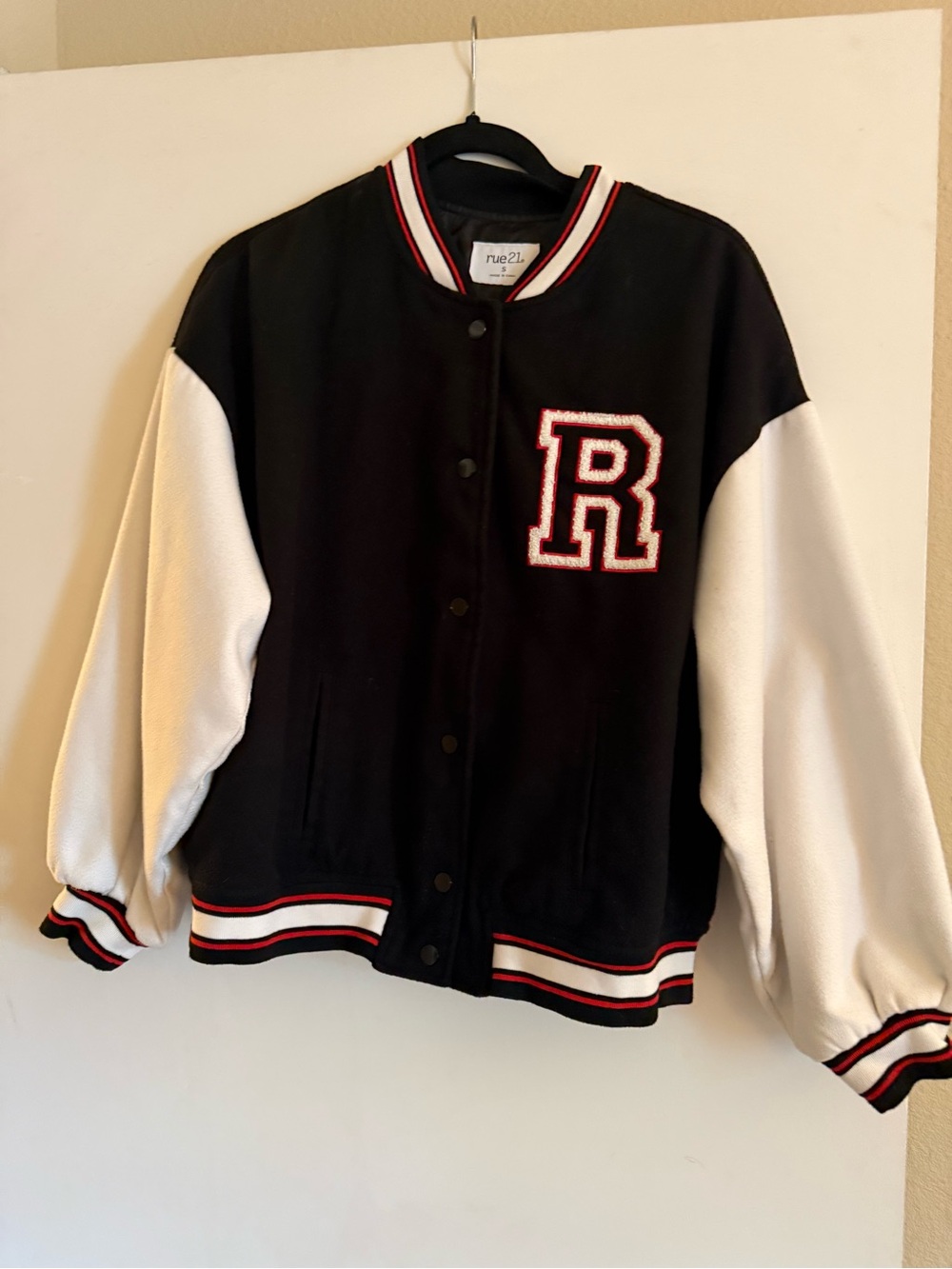 Rue21 Black and White Varsity Jacket with Red Accents